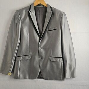 Fouger USA Metallic Silver Blazer Black Trim Tuxedo Jacket 38R Size 18 Wedding